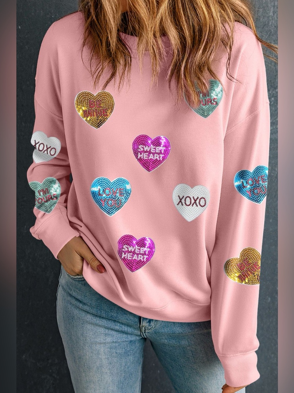 Valentine’s Day Sequin Heart Round Neck Long Sleeve Sweatshirt